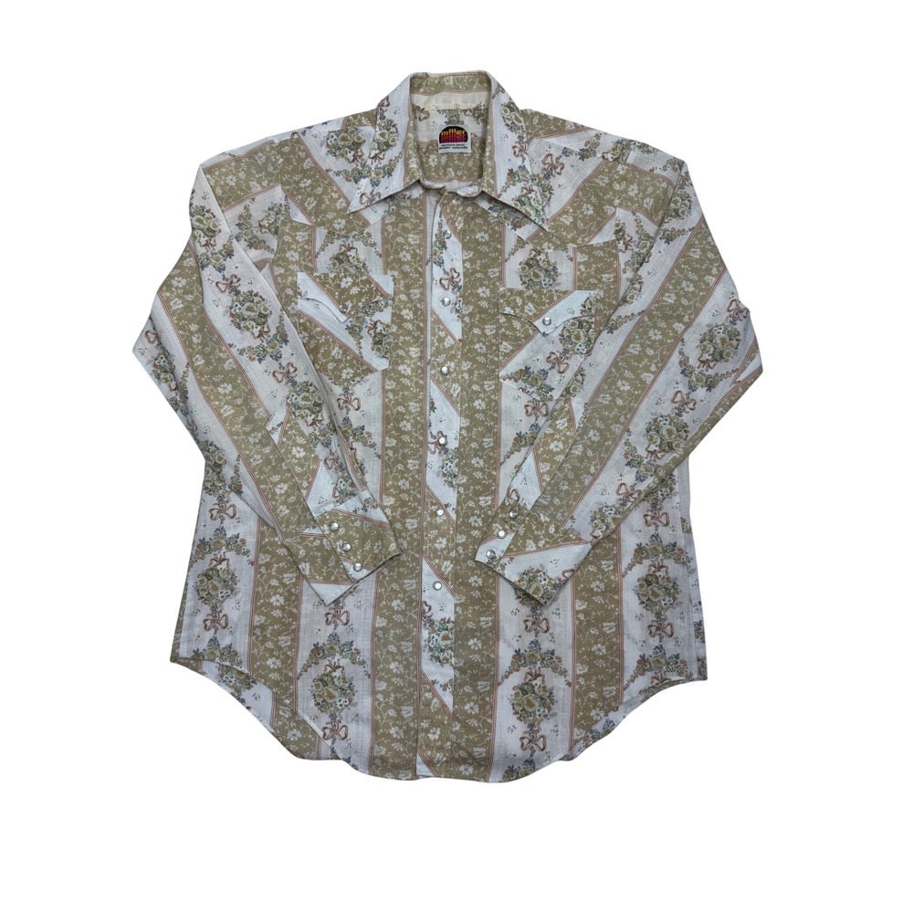 MILLER WESTERN WEAR Vtg Pearl Snap Mens Shirt Long Sleeves XL Floral Tans